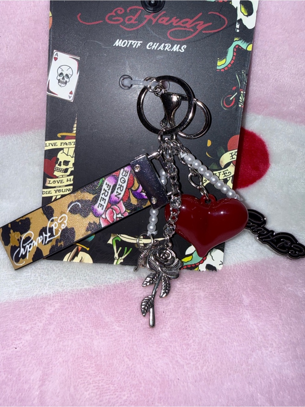 NWT Ed Hardy Red Heart Charm Keychain with Bead & Rose Accents Leopard Print